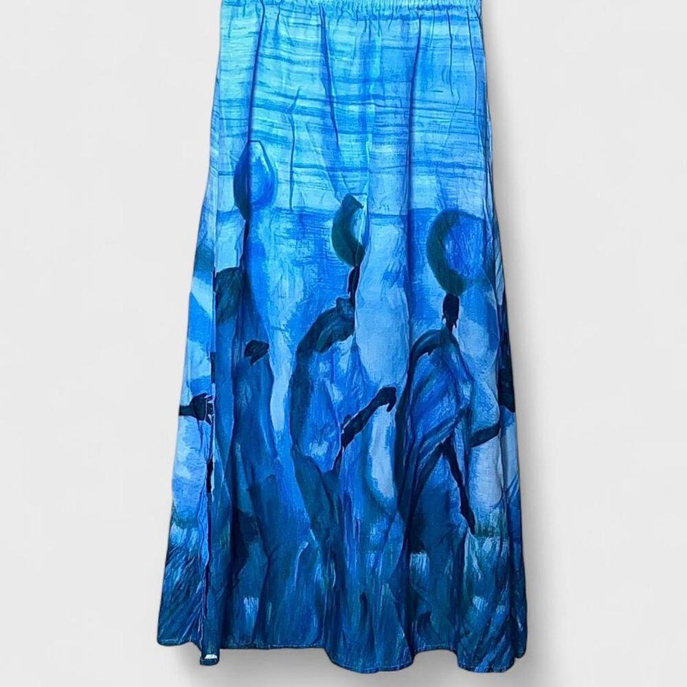 Vintage Beverly Rose Blue Ombre Watercolor Abstract Maxi Skirt - Size S